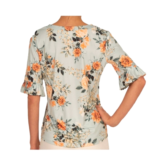 Emaline Women's Pleated Sleeves Floral Print V Neck Top Size Large - Picture 2 of 10